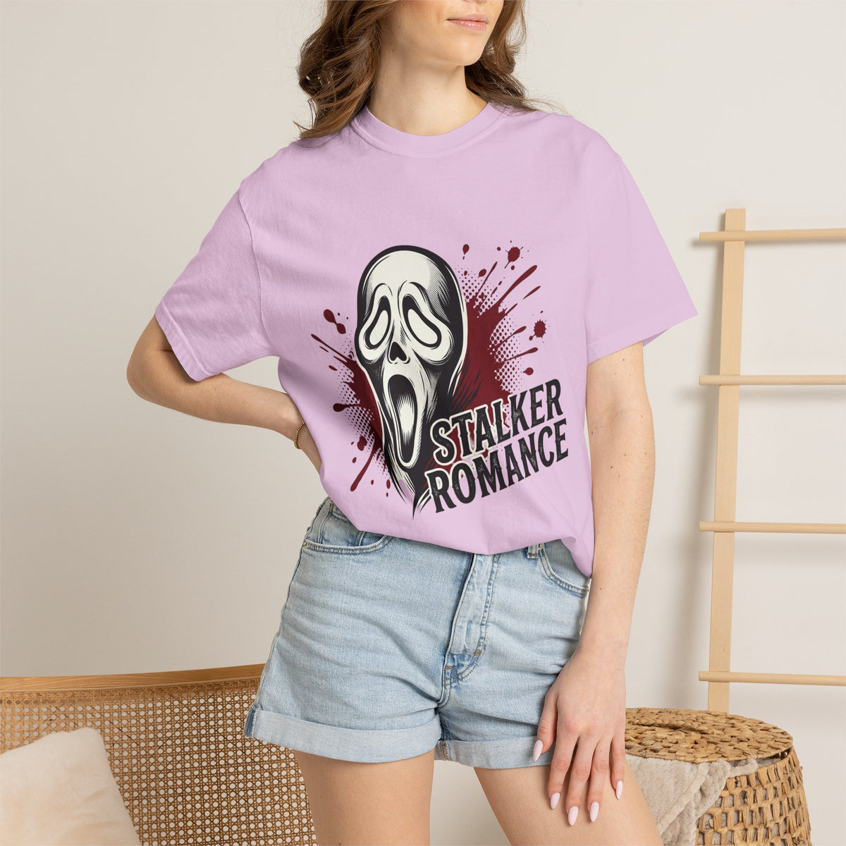 Graphic T-Shirt — "Stalker Romance" Horror Mask Tee (Scream-inspired, Blood Splatter)