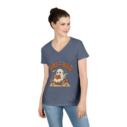 Books and Boos V-Neck Tee — Cute Ghost Reading T-Shirt for Book Lovers