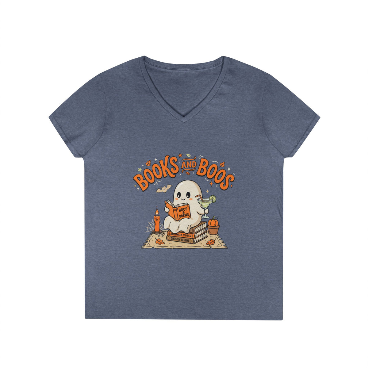 Books and Boos V-Neck Tee — Cute Ghost Reading T-Shirt for Book Lovers