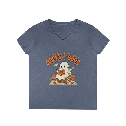 Books and Boos V-Neck Tee — Cute Ghost Reading T-Shirt for Book Lovers