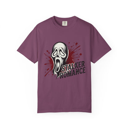 Graphic T-Shirt — "Stalker Romance" Horror Mask Tee (Scream-inspired, Blood Splatter)