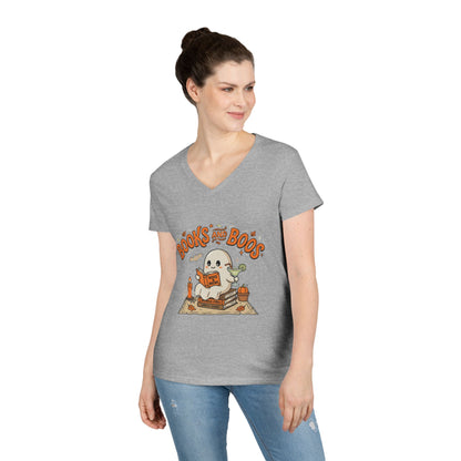 Books and Boos V-Neck Tee — Cute Ghost Reading T-Shirt for Book Lovers