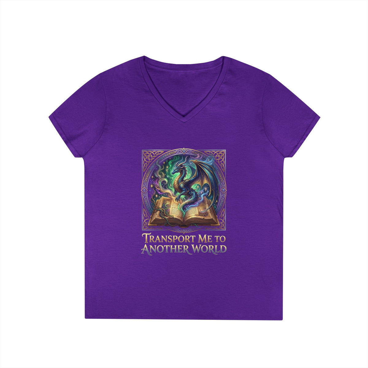 Ladies V-Neck T-Shirt — "Transport Me to Another World" Fantasy Book Magic Tee