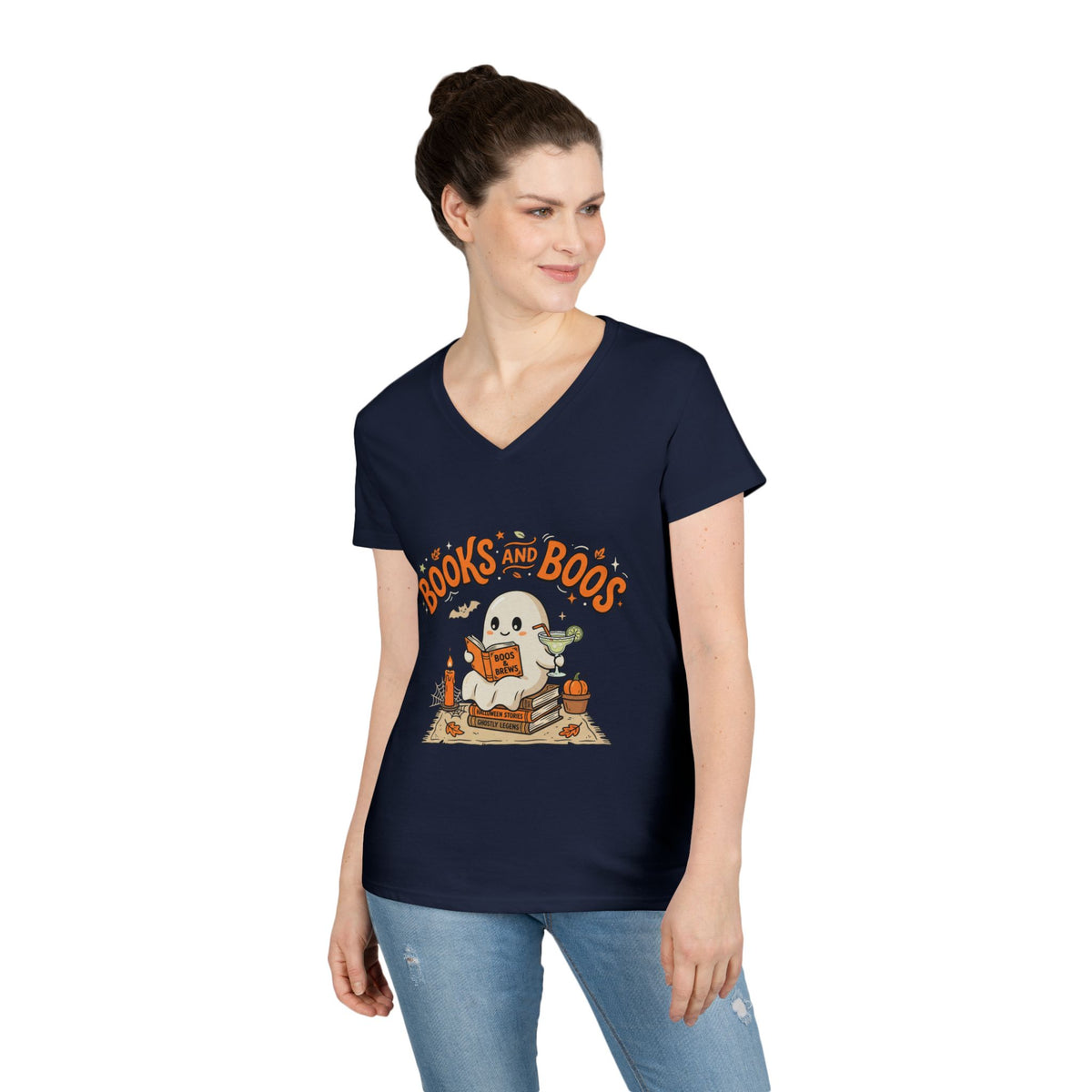 Books and Boos V-Neck Tee — Cute Ghost Reading T-Shirt for Book Lovers