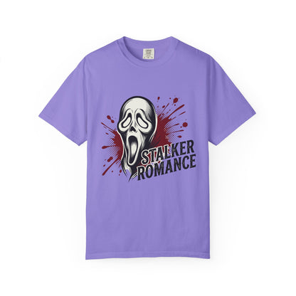 Graphic T-Shirt — "Stalker Romance" Horror Mask Tee (Scream-inspired, Blood Splatter)