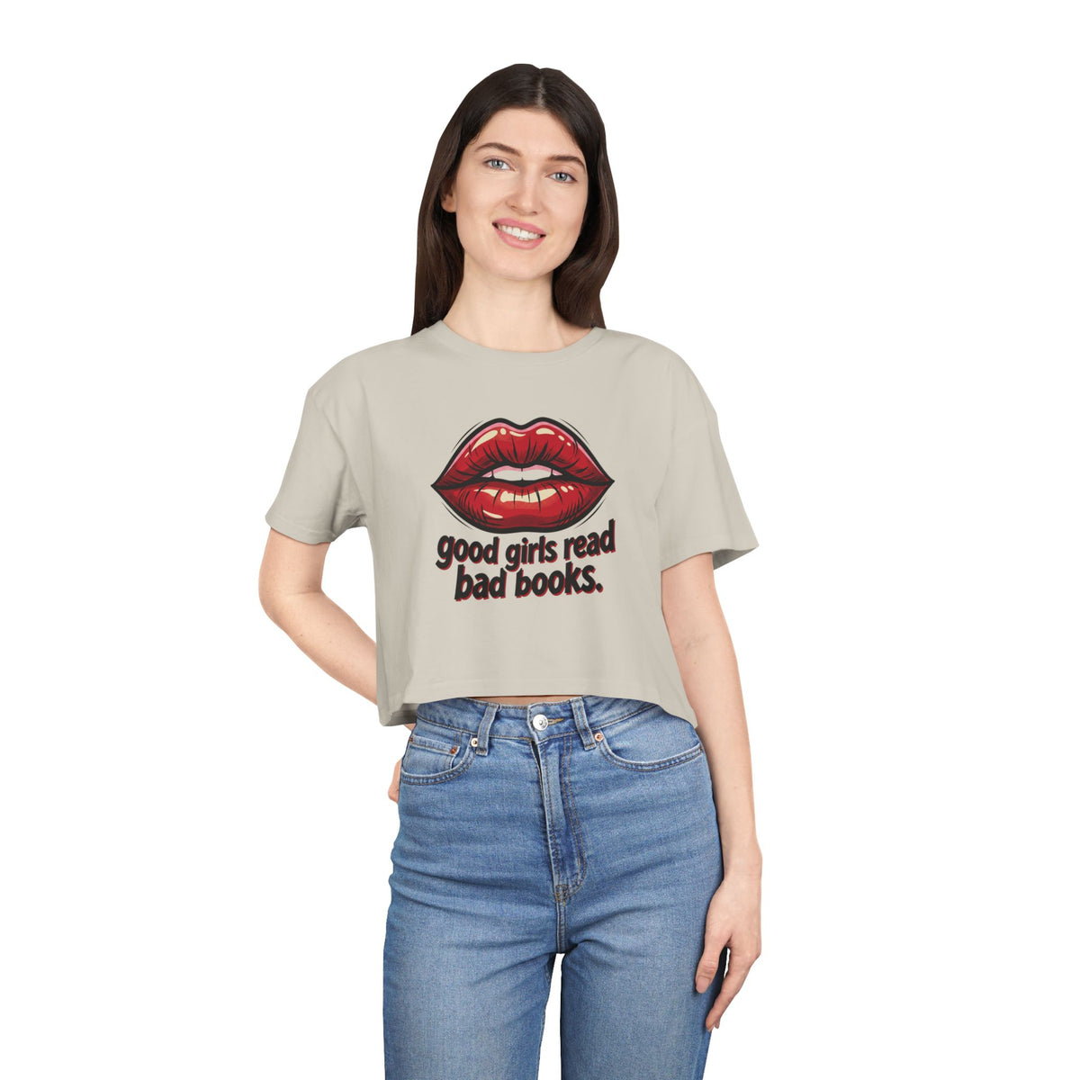 Crop Tee — "Good Girls Read Bad Books" Red Lips Graphic