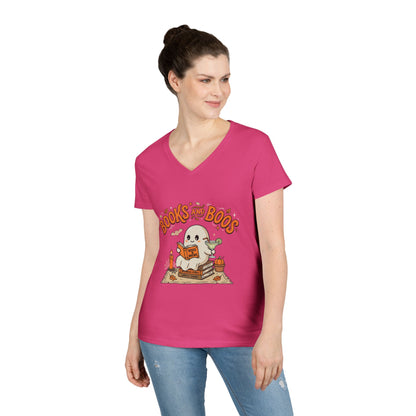 Books and Boos V-Neck Tee — Cute Ghost Reading T-Shirt for Book Lovers