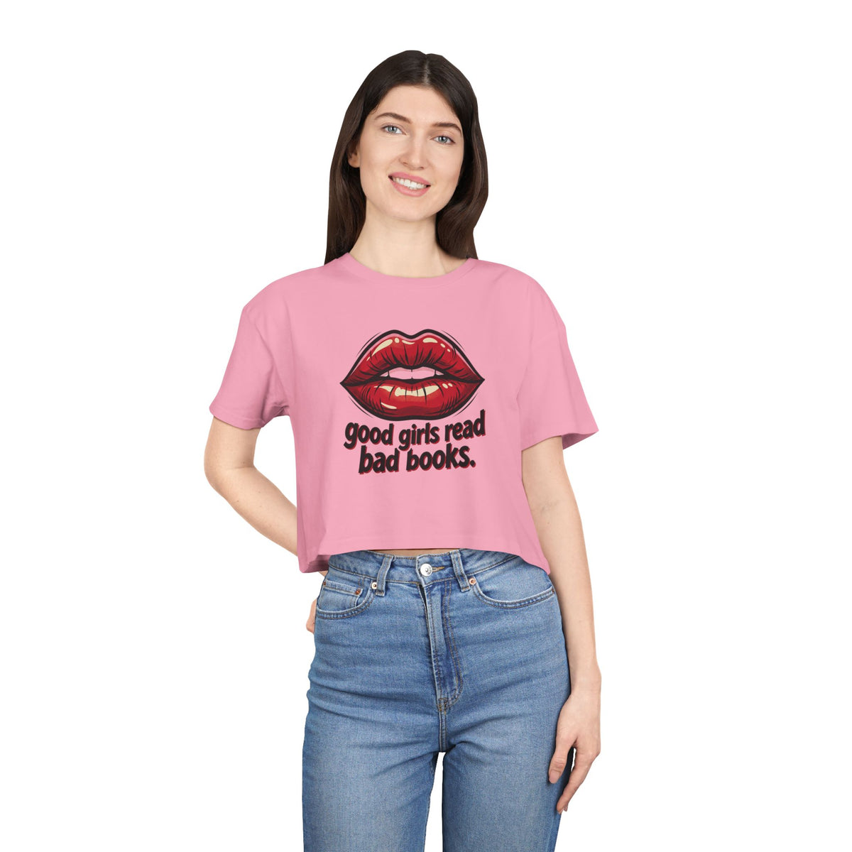 Crop Tee — "Good Girls Read Bad Books" Red Lips Graphic
