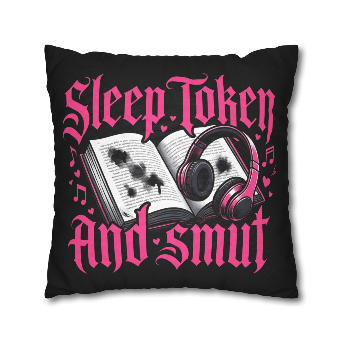 Sleep, Token & Smut Square Pillowcase — Gothic Bookish Headphone Decor