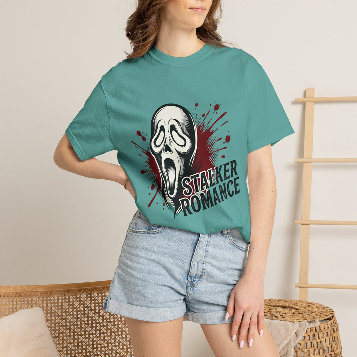 Graphic T-Shirt — "Stalker Romance" Horror Mask Tee (Scream-inspired, Blood Splatter)