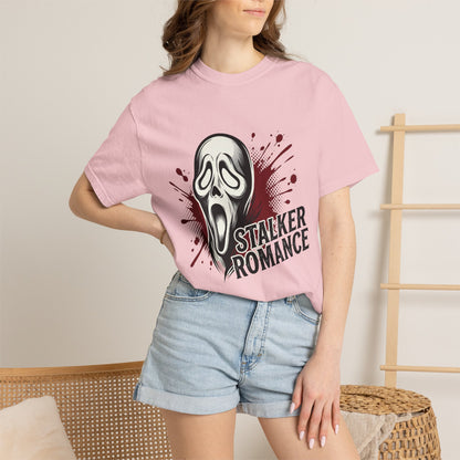 Graphic T-Shirt — "Stalker Romance" Horror Mask Tee (Scream-inspired, Blood Splatter)