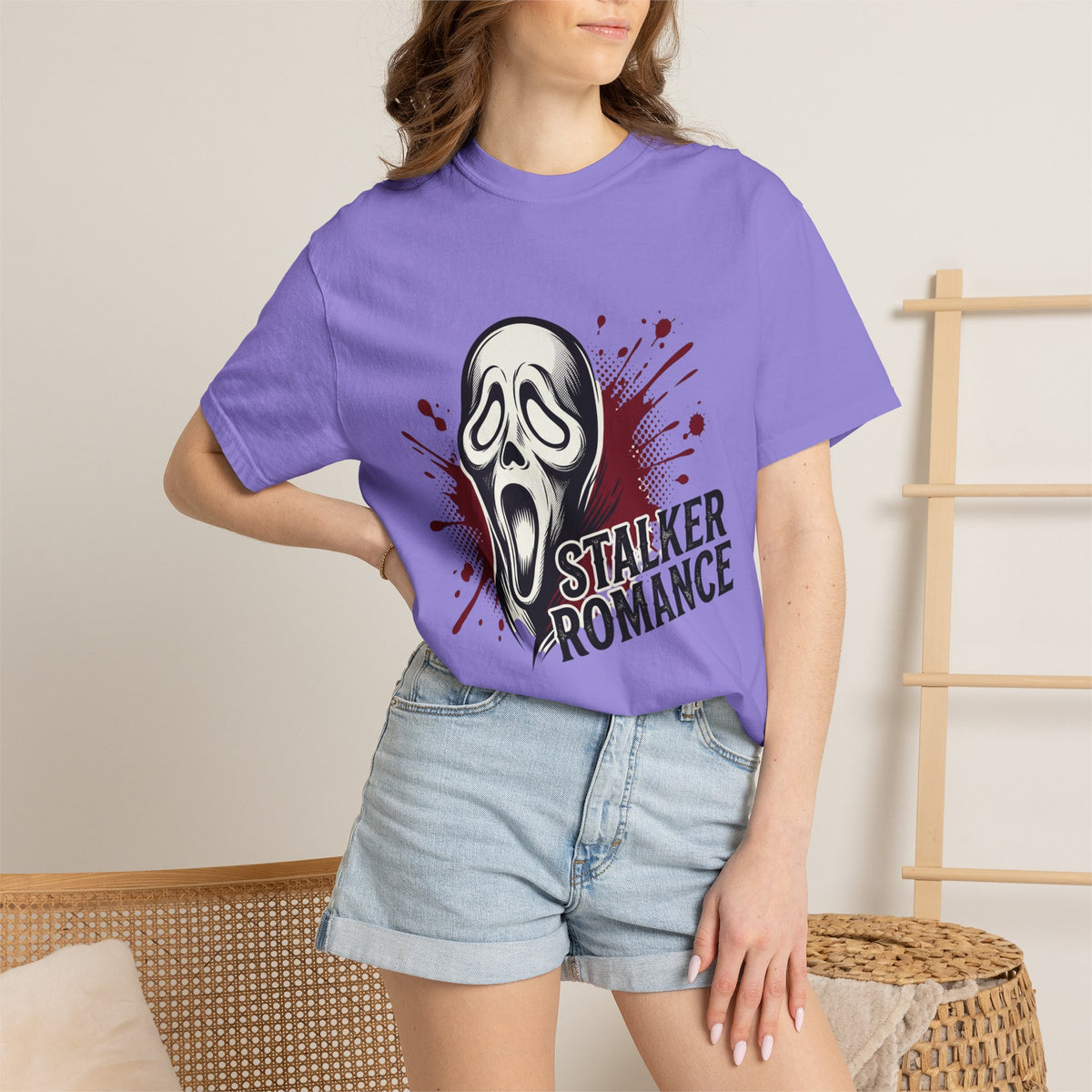 Graphic T-Shirt — "Stalker Romance" Horror Mask Tee (Scream-inspired, Blood Splatter)