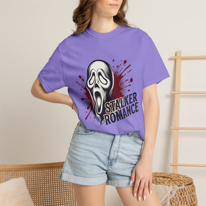 Graphic T-Shirt — "Stalker Romance" Horror Mask Tee (Scream-inspired, Blood Splatter)