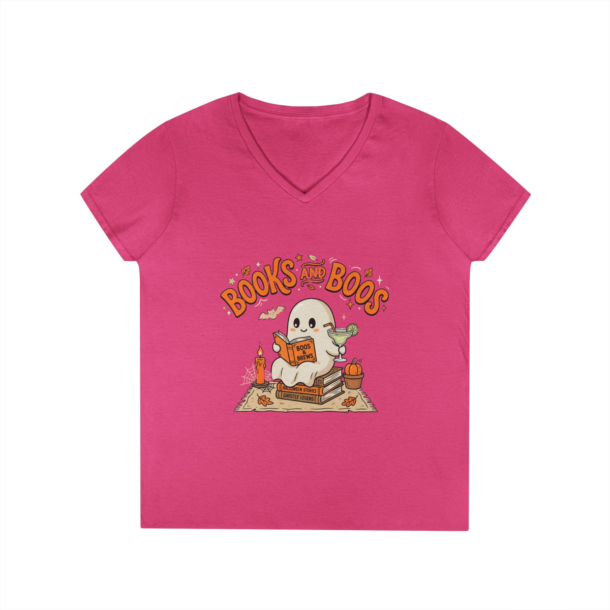 Books and Boos V-Neck Tee — Cute Ghost Reading T-Shirt for Book Lovers