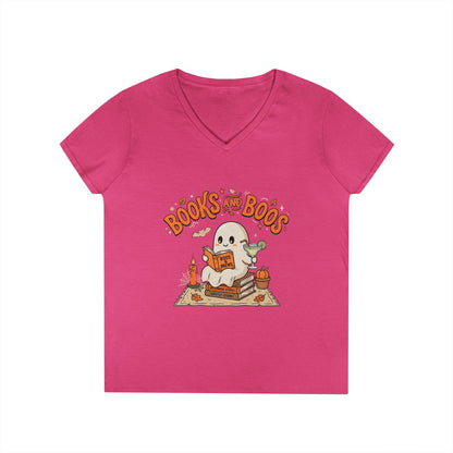 Books and Boos V-Neck Tee — Cute Ghost Reading T-Shirt for Book Lovers
