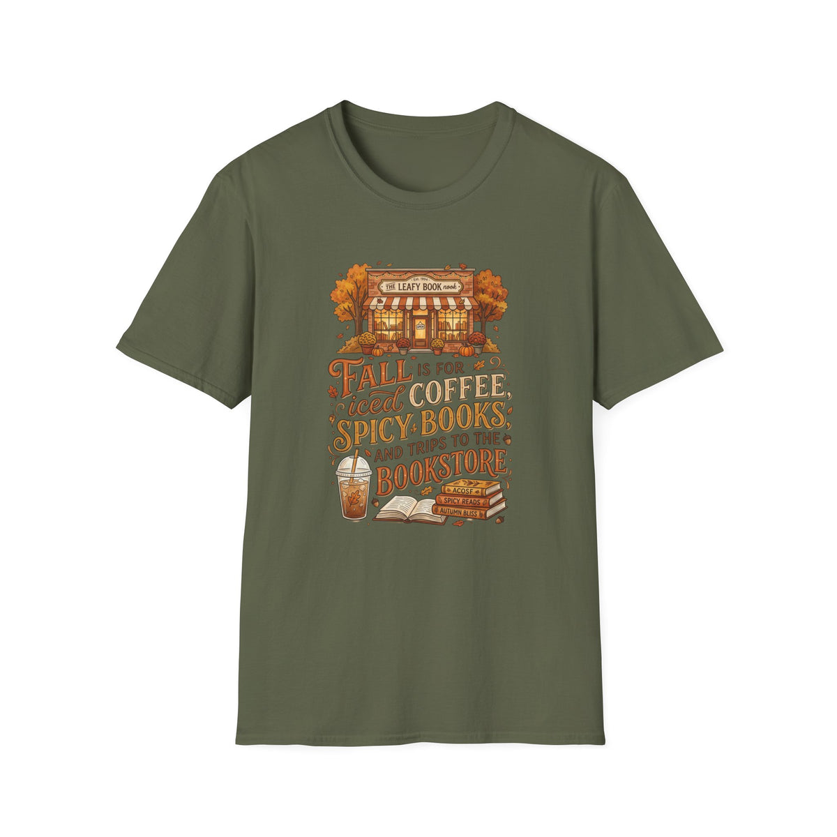 Fall Bookstore T-Shirt — "Fall Is For Iced Coffee & Spicy Books" Cozy Autumn Tee