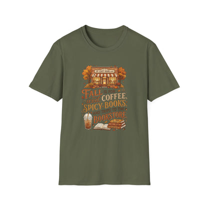 Fall Bookstore T-Shirt — "Fall Is For Iced Coffee & Spicy Books" Cozy Autumn Tee