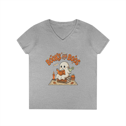 Books and Boos V-Neck Tee — Cute Ghost Reading T-Shirt for Book Lovers