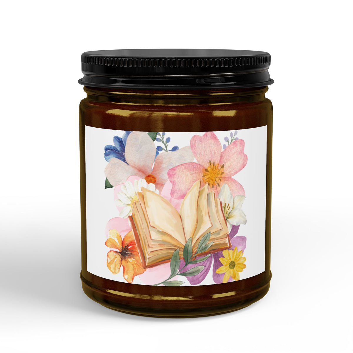 Floral Booklover Soy Candle — Scented Jar Candle with Black Lid (4oz & 9oz)