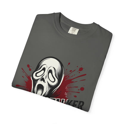 Graphic T-Shirt — "Stalker Romance" Horror Mask Tee (Scream-inspired, Blood Splatter)