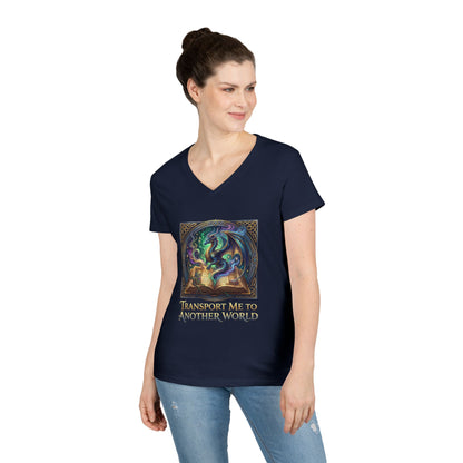 Ladies V-Neck T-Shirt — "Transport Me to Another World" Fantasy Book Magic Tee