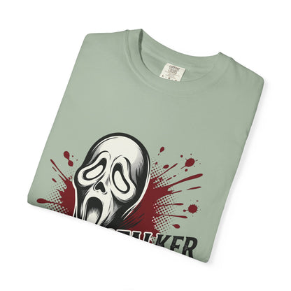 Graphic T-Shirt — "Stalker Romance" Horror Mask Tee (Scream-inspired, Blood Splatter)