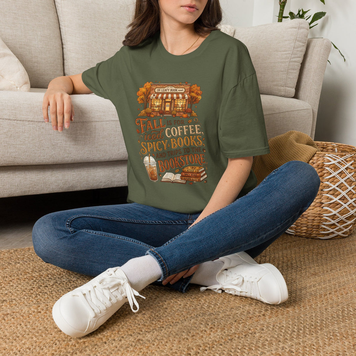 Fall Bookstore T-Shirt — "Fall Is For Iced Coffee & Spicy Books" Cozy Autumn Tee