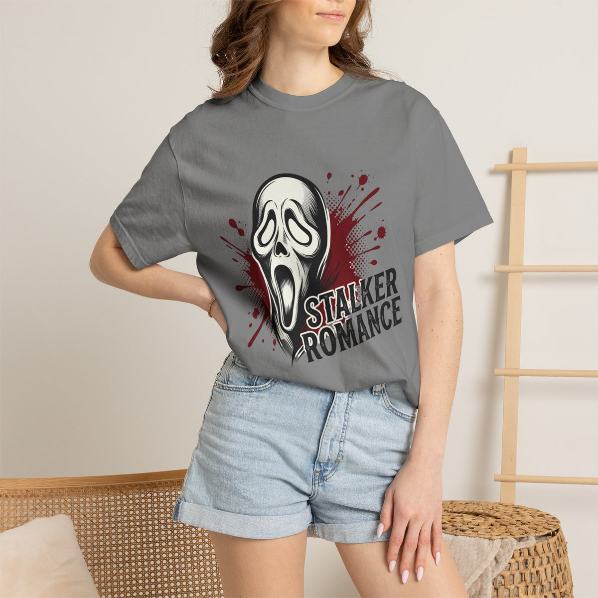 Graphic T-Shirt — "Stalker Romance" Horror Mask Tee (Scream-inspired, Blood Splatter)