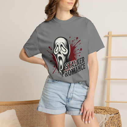 Graphic T-Shirt — "Stalker Romance" Horror Mask Tee (Scream-inspired, Blood Splatter)