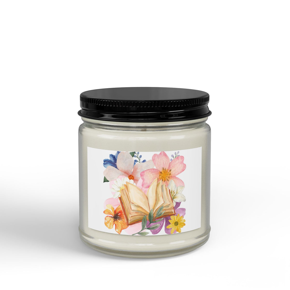 Floral Booklover Soy Candle — Scented Jar Candle with Black Lid (4oz & 9oz)