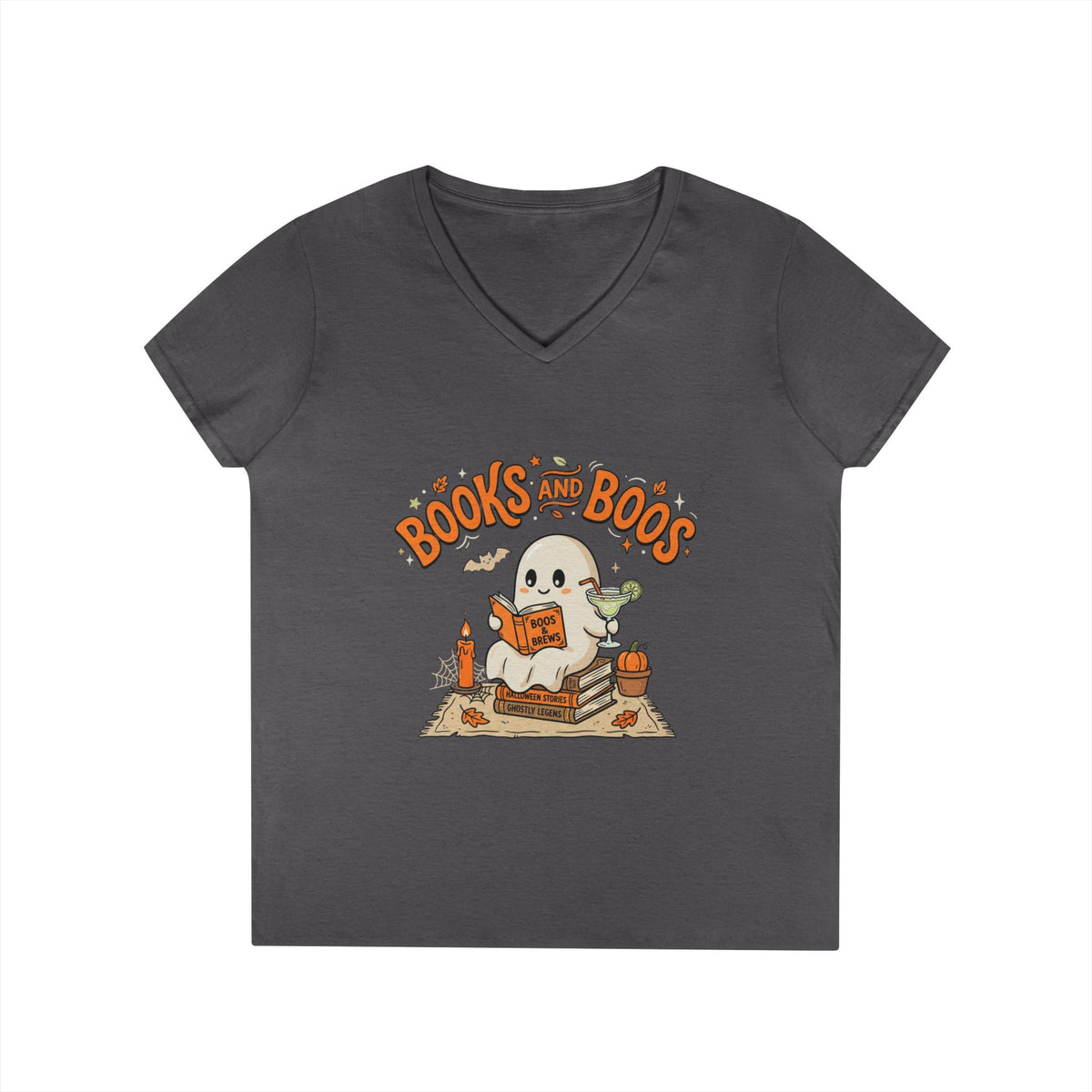 Books and Boos V-Neck Tee — Cute Ghost Reading T-Shirt for Book Lovers