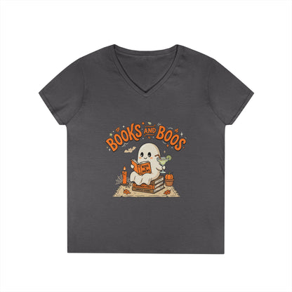 Books and Boos V-Neck Tee — Cute Ghost Reading T-Shirt for Book Lovers
