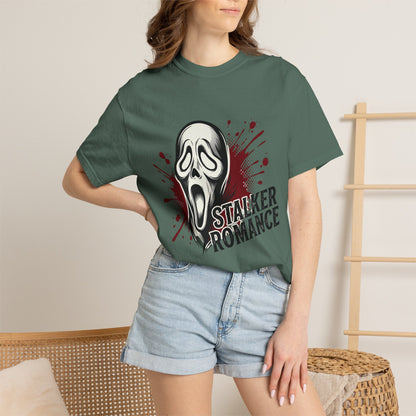Graphic T-Shirt — "Stalker Romance" Horror Mask Tee (Scream-inspired, Blood Splatter)