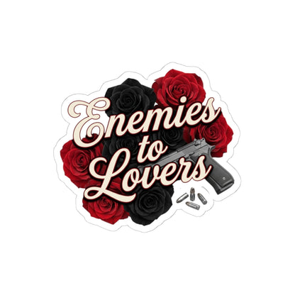 Enemies to Lovers Kiss-Cut Sticker — Red & Black Roses with Handgun Design