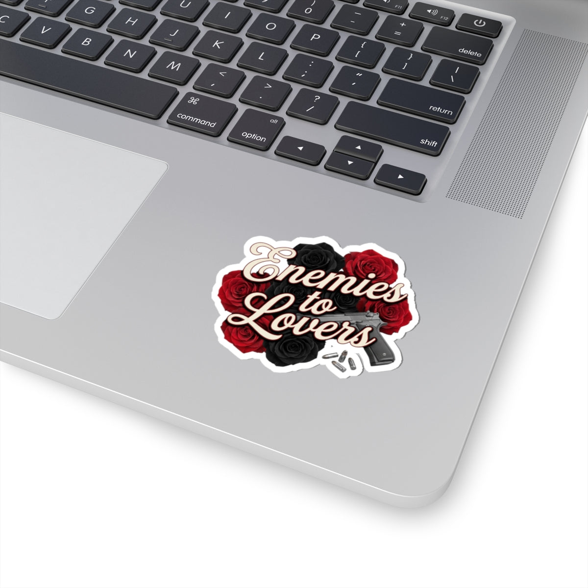 Enemies to Lovers Kiss-Cut Sticker — Red & Black Roses with Handgun Design
