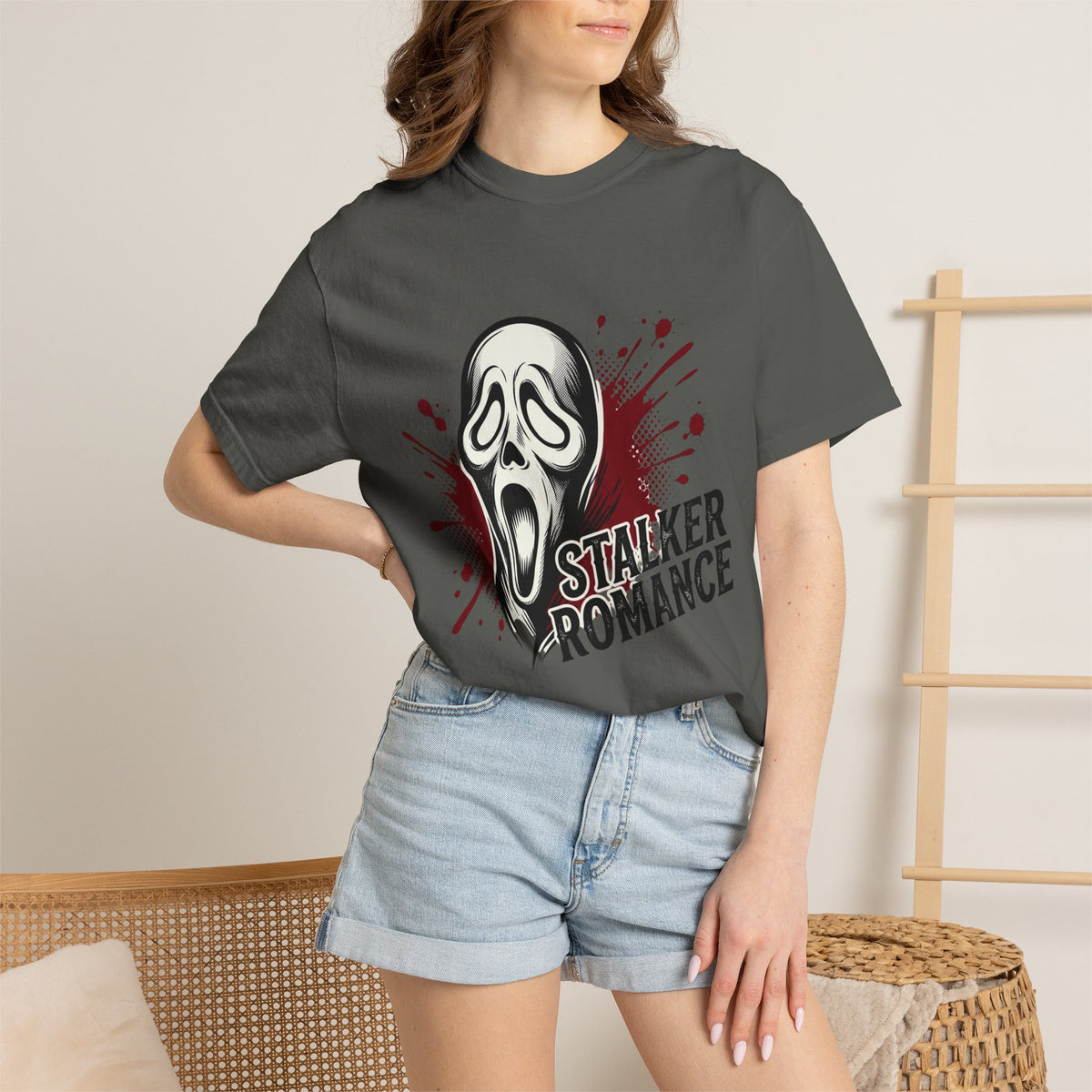 Graphic T-Shirt — "Stalker Romance" Horror Mask Tee (Scream-inspired, Blood Splatter)