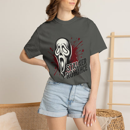 Graphic T-Shirt — "Stalker Romance" Horror Mask Tee (Scream-inspired, Blood Splatter)