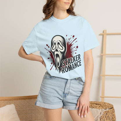Graphic T-Shirt — "Stalker Romance" Horror Mask Tee (Scream-inspired, Blood Splatter)