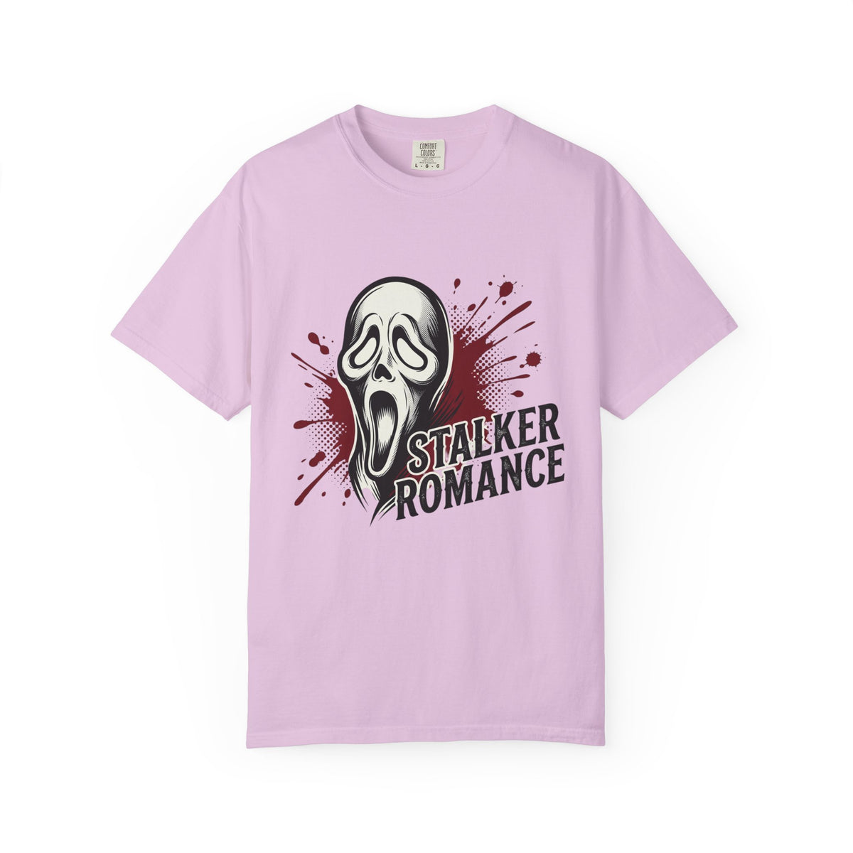 Graphic T-Shirt — "Stalker Romance" Horror Mask Tee (Scream-inspired, Blood Splatter)