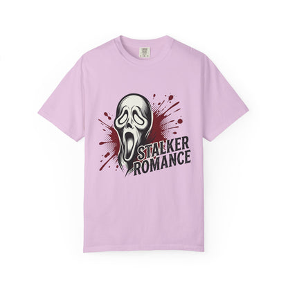 Graphic T-Shirt — "Stalker Romance" Horror Mask Tee (Scream-inspired, Blood Splatter)
