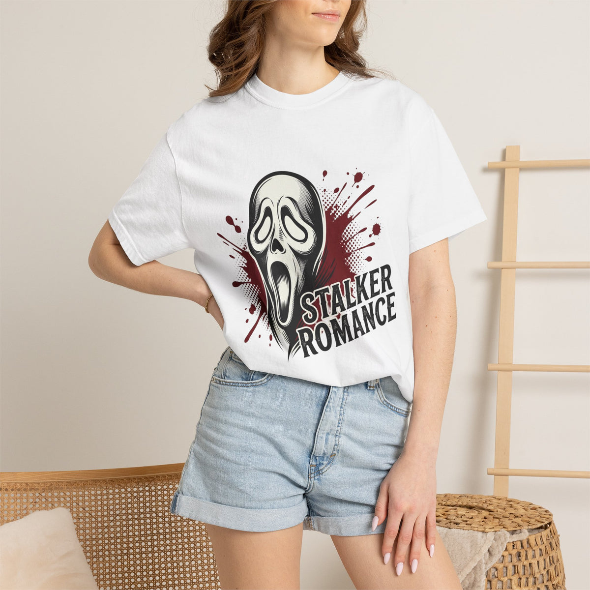 Graphic T-Shirt — "Stalker Romance" Horror Mask Tee (Scream-inspired, Blood Splatter)