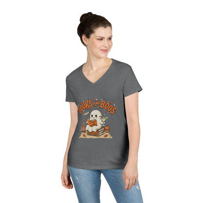 Books and Boos V-Neck Tee — Cute Ghost Reading T-Shirt for Book Lovers