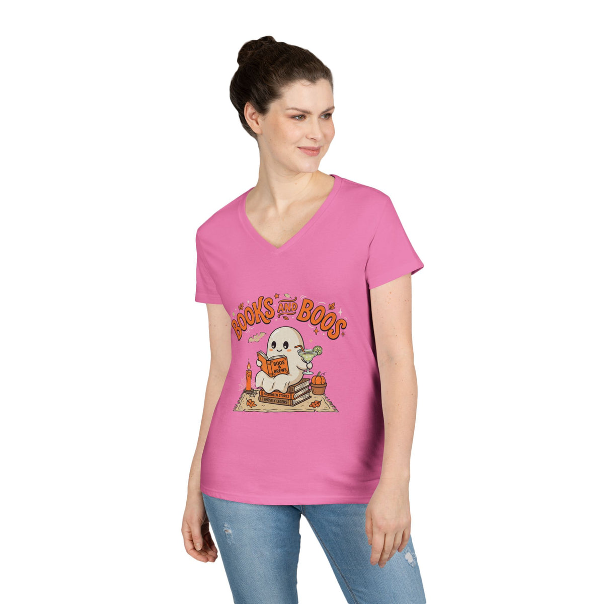 Books and Boos V-Neck Tee — Cute Ghost Reading T-Shirt for Book Lovers