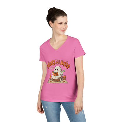 Books and Boos V-Neck Tee — Cute Ghost Reading T-Shirt for Book Lovers
