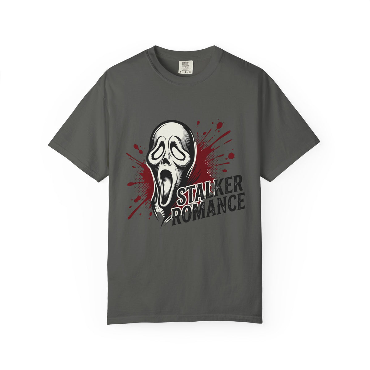 Graphic T-Shirt — "Stalker Romance" Horror Mask Tee (Scream-inspired, Blood Splatter)