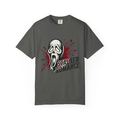 Graphic T-Shirt — "Stalker Romance" Horror Mask Tee (Scream-inspired, Blood Splatter)