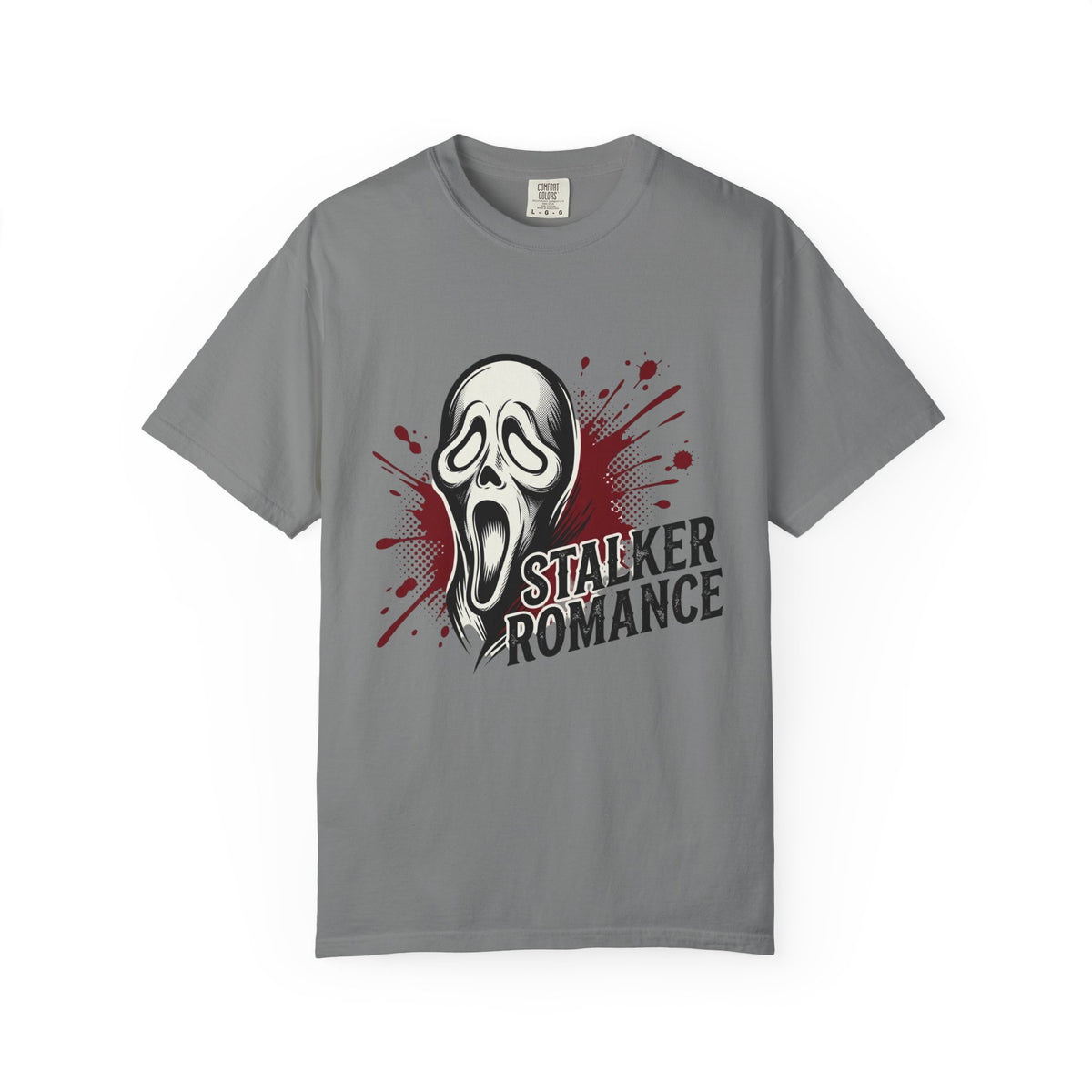 Graphic T-Shirt — "Stalker Romance" Horror Mask Tee (Scream-inspired, Blood Splatter)