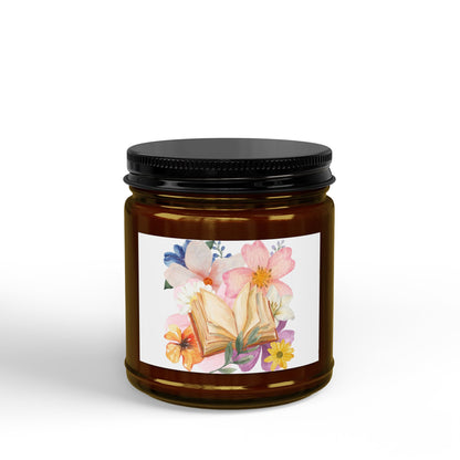Floral Booklover Soy Candle — Scented Jar Candle with Black Lid (4oz & 9oz)