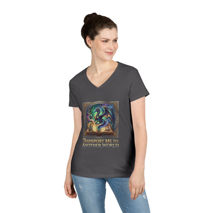 Ladies V-Neck T-Shirt — "Transport Me to Another World" Fantasy Book Magic Tee
