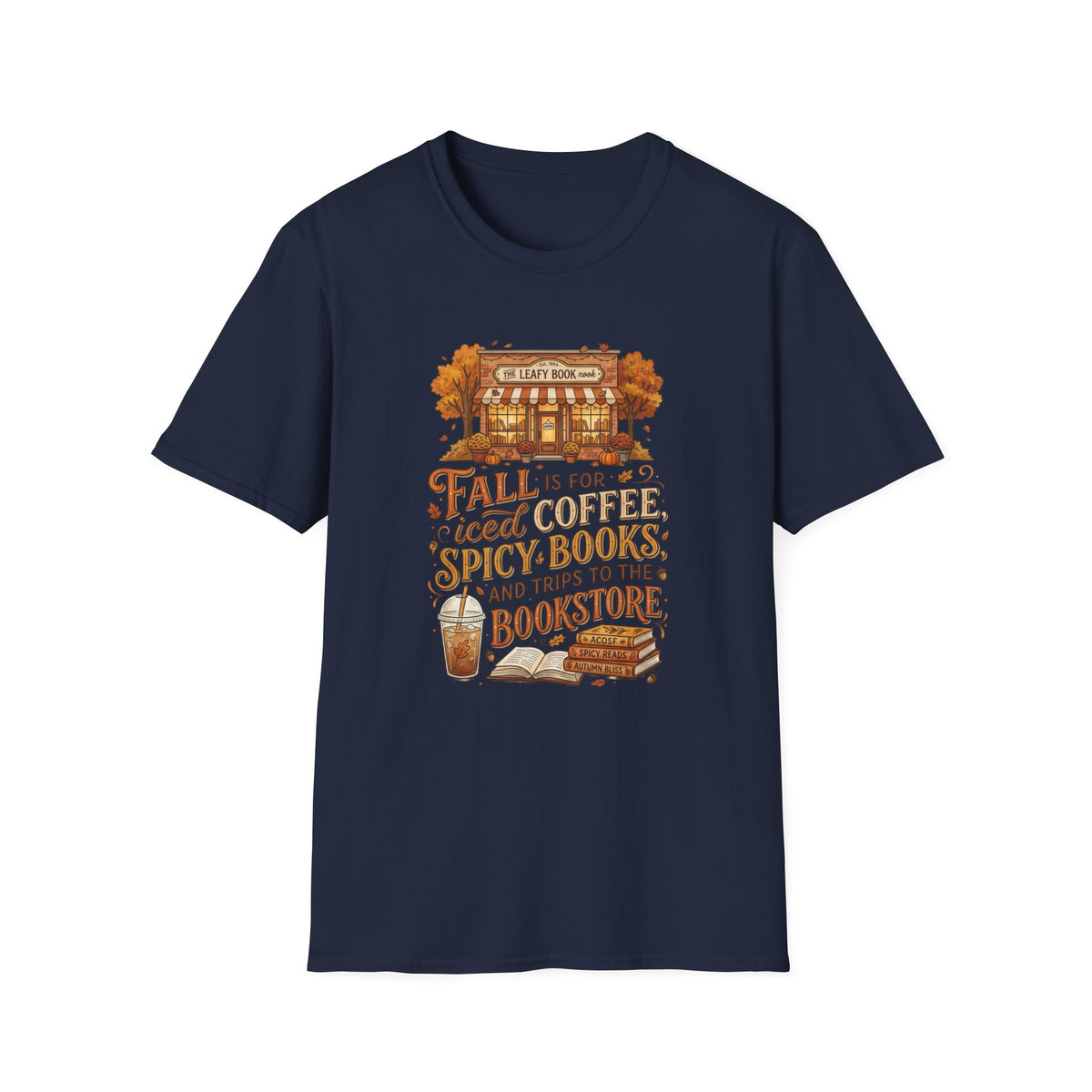 Fall Bookstore T-Shirt — "Fall Is For Iced Coffee & Spicy Books" Cozy Autumn Tee